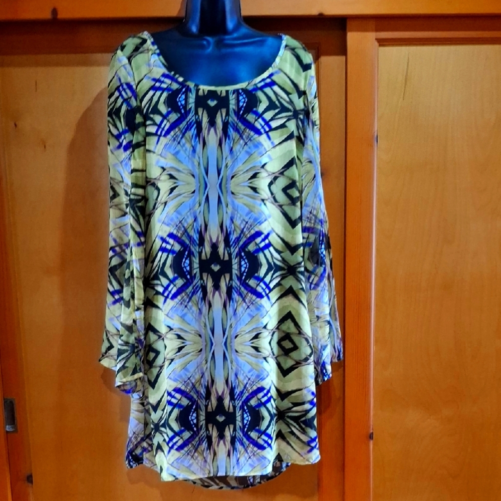 Dots Purple And Green Dress With Split Bell Sleeves, Size XL